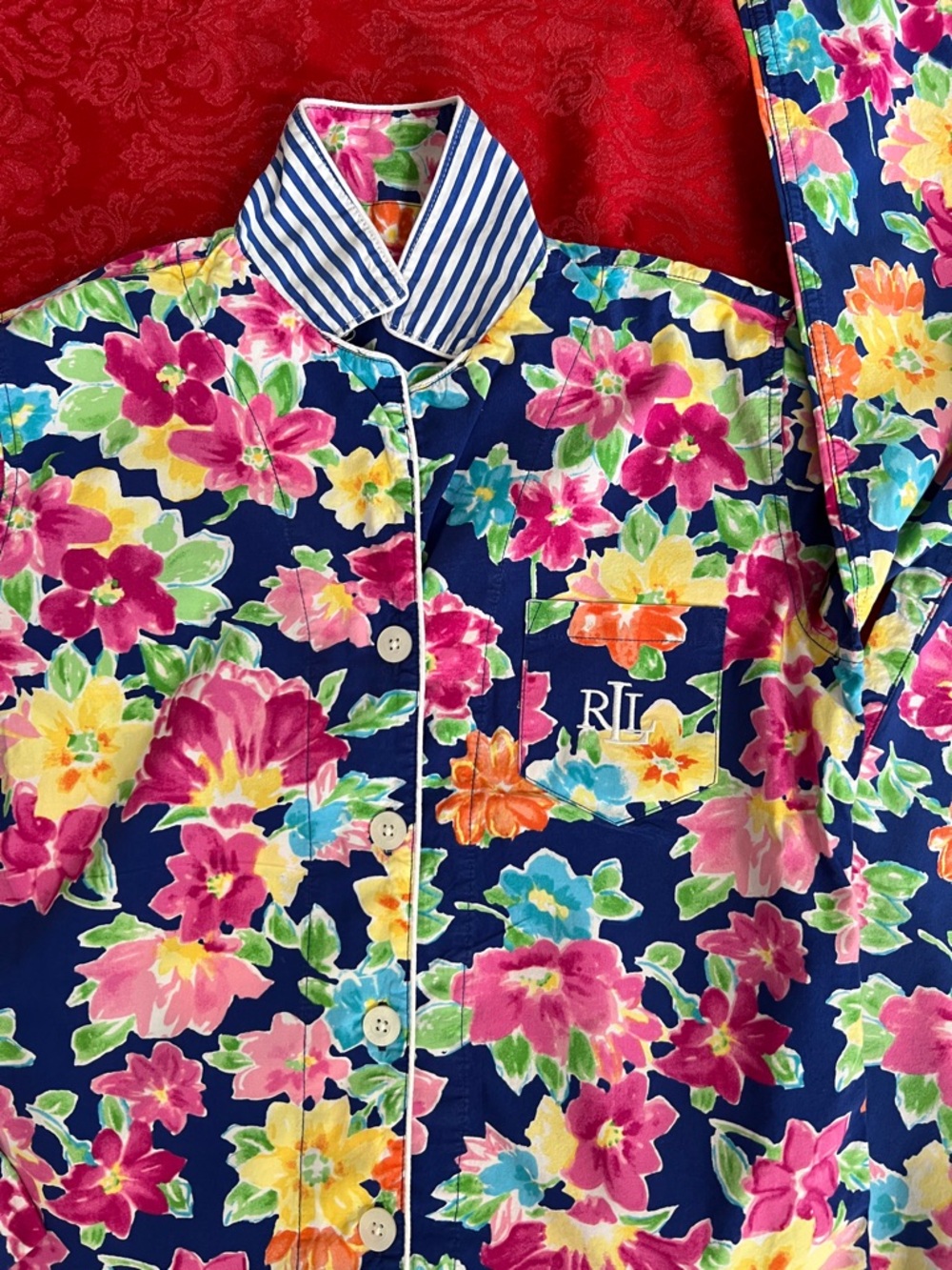 Lauren Ralph Lauren Floral Pajama Set Navy Stripe Collar RLL Logo XS Cotton Blen